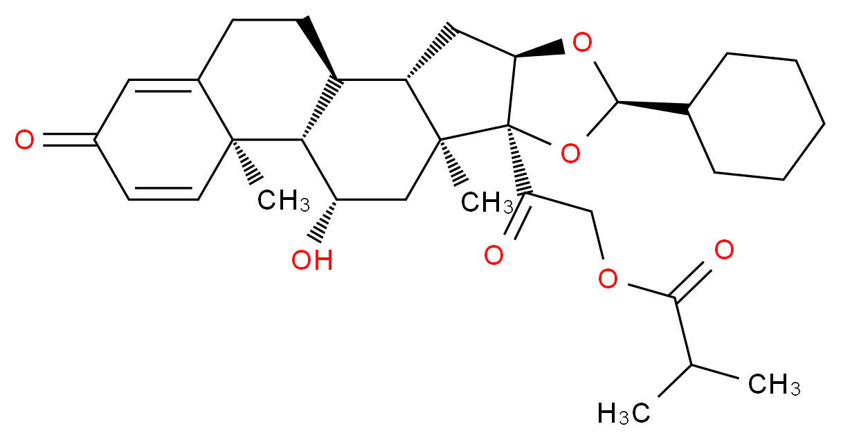 2-[(1S,2S,4R,6R,8S,9S,11S,12S,13R)-6-cyclohexyl-11-hydroxy-9,13-dimethyl-16-oxo-5,7-dioxapentacyclo[10.8.0.0<sup>2</sup>,<sup>9</sup>.0<sup>4</sup>,<sup>8</sup>.0<sup>1</sup><sup>3</sup>,<sup>1</sup><sup>8</sup>]icosa-14,17-dien-8-yl]-2-oxoethyl 2-methylpropanoate_分子结构_CAS_126544-47-6