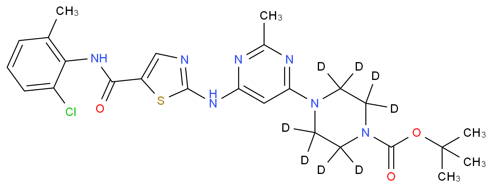 tert-butyl 4-[6-({5-[(2-chloro-6-methylphenyl)carbamoyl]-1,3-thiazol-2-yl}amino)-2-methylpyrimidin-4-yl](<sup>2</sup>H<sub>8</sub>)piperazine-1-carboxylate_分子结构_CAS_1263379-04-9