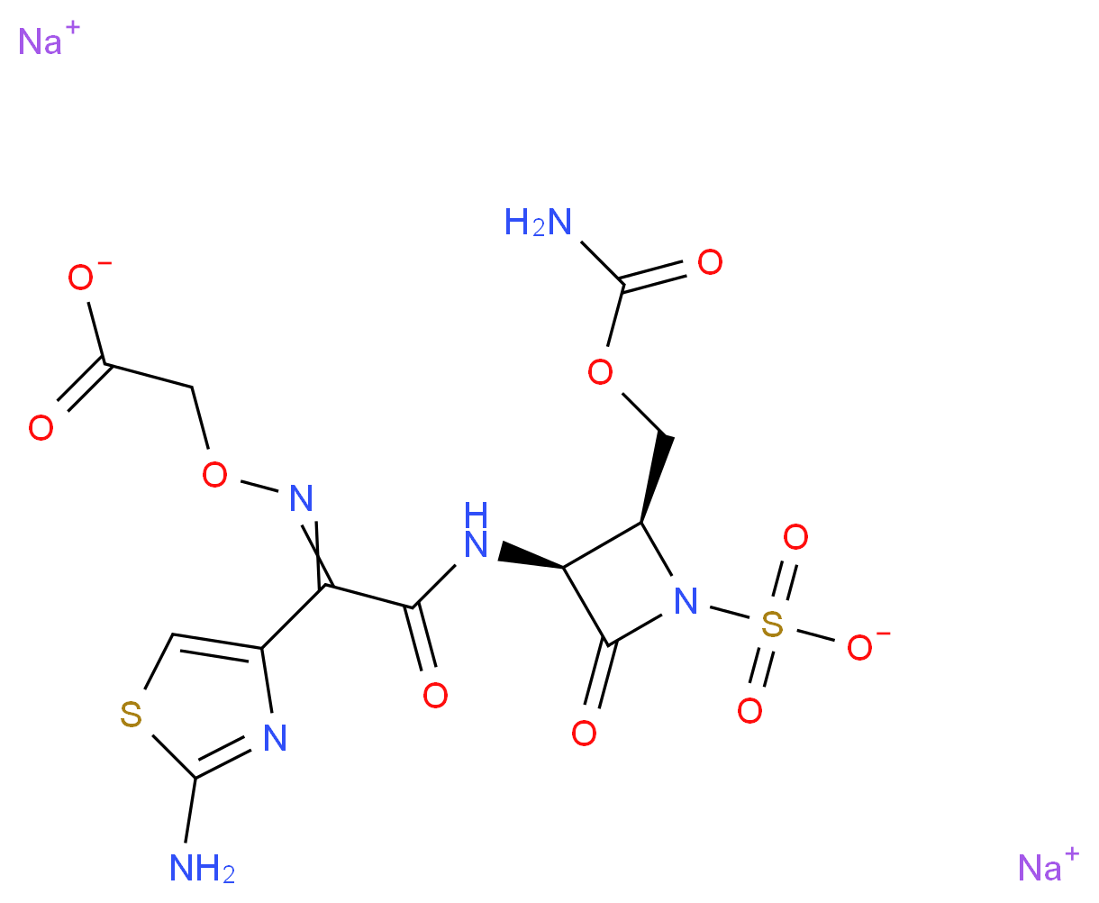 disodium 2-({[(2-amino-1,3-thiazol-4-yl)({[(2S,3S)-2-[(carbamoyloxy)methyl]-4-oxo-1-sulfonatoazetidin-3-yl]carbamoyl})methylidene]amino}oxy)acetate_分子结构_CAS_86832-68-0