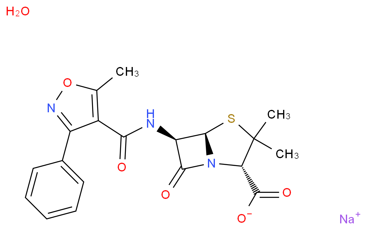 sodium (2S,5R,6R)-3,3-dimethyl-6-(5-methyl-3-phenyl-1,2-oxazole-4-amido)-7-oxo-4-thia-1-azabicyclo[3.2.0]heptane-2-carboxylate hydrate_分子结构_CAS_7240-38-21