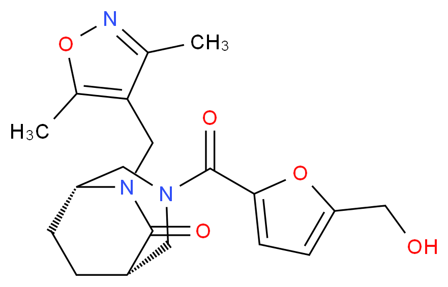 (1S*,5R*)-6-[(3,5-dimethylisoxazol-4-yl)methyl]-3-[5-(hydroxymethyl)-2-furoyl]-3,6-diazabicyclo[3.2.2]nonan-7-one_分子结构_CAS_)