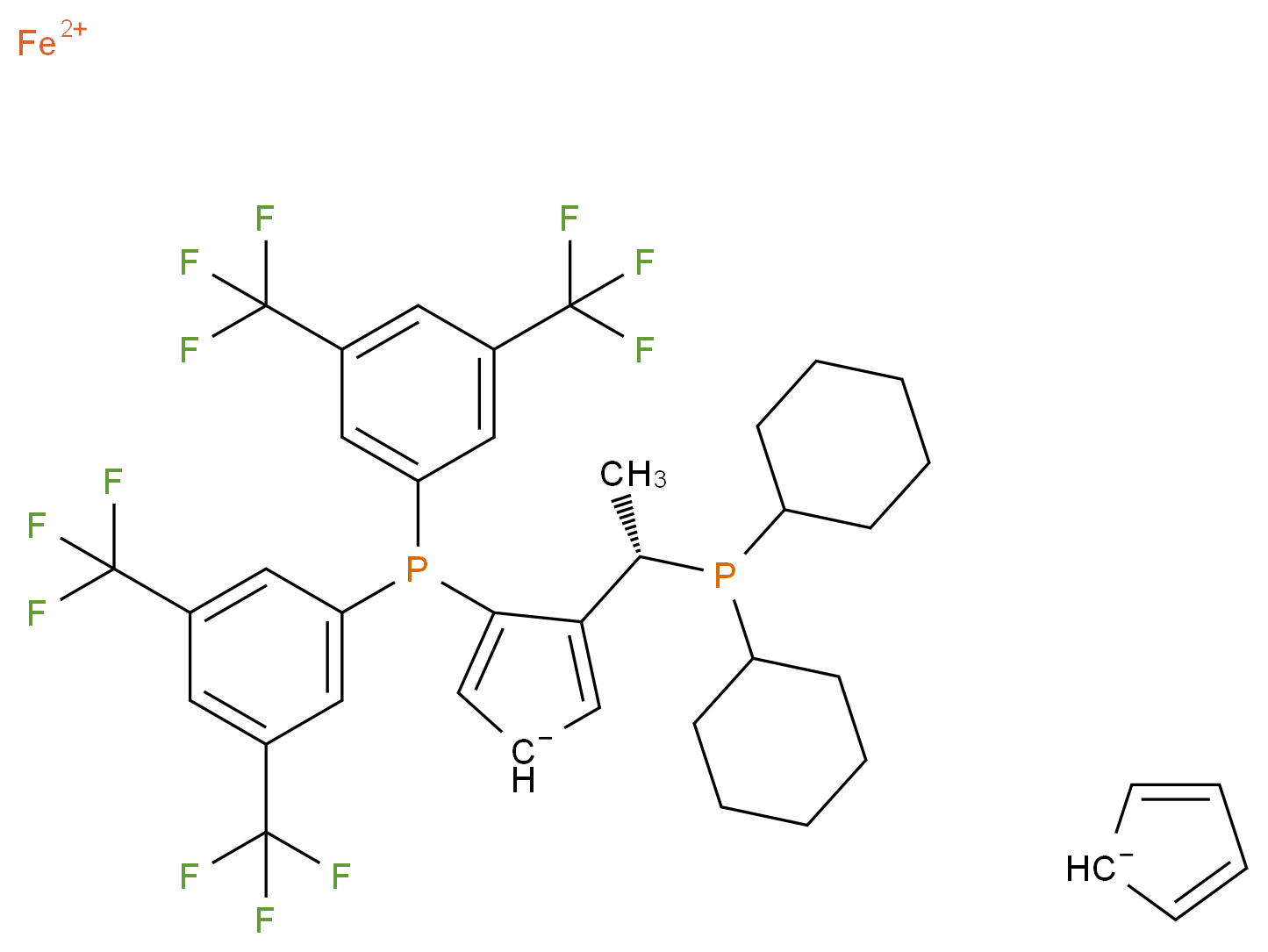 λ<sup>2</sup>-iron(2+) ion 3-{bis[3,5-bis(trifluoromethyl)phenyl]phosphanyl}-4-[(1S)-1-(dicyclohexylphosphanyl)ethyl]cyclopenta-2,4-dien-1-ide cyclopenta-2,4-dien-1-ide_分子结构_CAS_849923-15-5