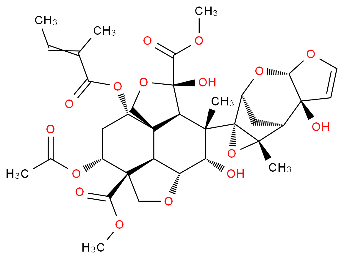 4,11-dimethyl (1S,4S,5R,6S,7S,8R,11S,12R,14S,15R)-12-(acetyloxy)-4,7-dihydroxy-6-[(1S,2S,6S,8S,9R,11S)-2-hydroxy-11-methyl-5,7,10-trioxatetracyclo[6.3.1.0<sup>2</sup>,<sup>6</sup>.0<sup>9</sup>,<sup>1</sup><sup>1</sup>]dodec-3-en-9-yl]-6-methyl-14-[(2-methylbut-2-enoyl)oxy]-3,9-dioxatetracyclo[6.6.1.0<sup>1</sup>,<sup>5</sup>.0<sup>1</sup><sup>1</sup>,<sup>1</sup><sup>5</sup>]pentadecane-4,11-dicarboxylate_分子结构_CAS_11141-17-6