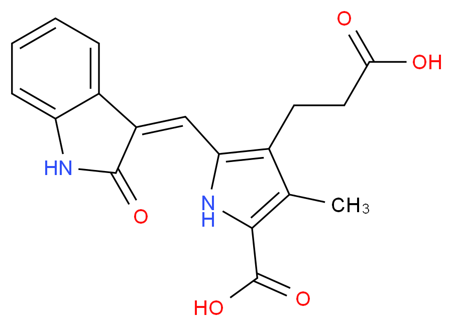 4-(2-carboxyethyl)-3-methyl-5-{[(3Z)-2-oxo-2,3-dihydro-1H-indol-3-ylidene]methyl}-1H-pyrrole-2-carboxylic acid_分子结构_CAS_258831-77-5