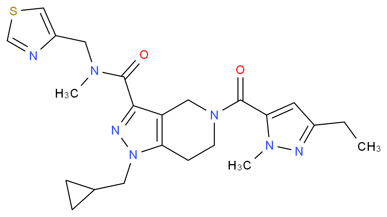 1-(cyclopropylmethyl)-5-[(3-ethyl-1-methyl-1H-pyrazol-5-yl)carbonyl]-N-methyl-N-(1,3-thiazol-4-ylmethyl)-4,5,6,7-tetrahydro-1H-pyrazolo[4,3-c]pyridine-3-carboxamide_分子结构_CAS_)