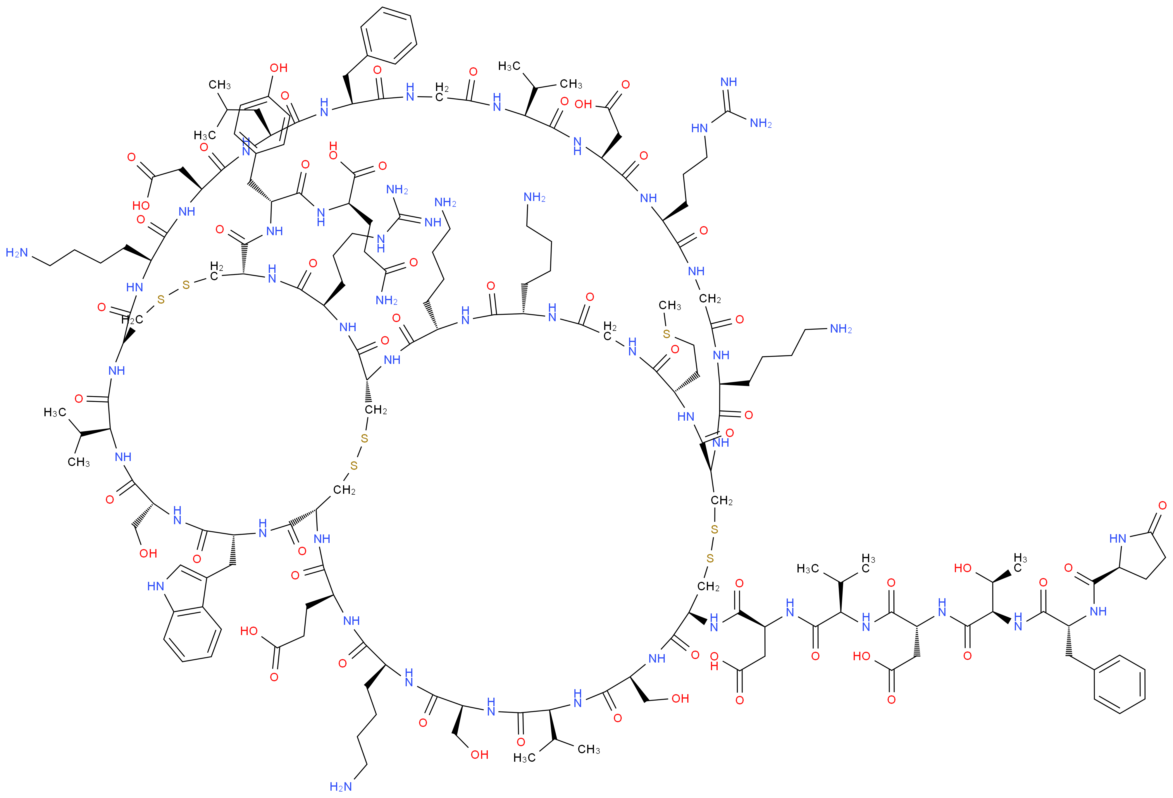 (2R)-4-carbamoyl-2-[(2R)-3-(4-hydroxyphenyl)-2-{[(1S,4R,7S,12S,15S,18S,21S,24S,30S,33S,36S,42S,45R,50S,53S,56S,59S,62S,65S,68R,75S,78S,84S,89R,92R,95S)-15,42,62,75,78-pentakis(4-aminobutyl)-24-benzyl-4,36-bis(3-carbamimidamidopropyl)-50-[(2S)-3-carboxy-2-[(2R)-2-[(2R)-3-carboxy-2-[(2R,3S)-3-hydroxy-2-[(2R)-2-{[(2S)-5-oxopyrrolidin-2-yl]formamido}-3-phenylpropanamido]butanamido]propanamido]-3-methylbutanamido]propanamido]-65-(2-carboxyethyl)-18,33-bis(carboxymethyl)-53,59,92-tris(hydroxymethyl)-89-(1H-indol-3-ylmethyl)-21-(2-methylpropyl)-84-[2-(methylsulfanyl)ethyl]-2,5,13,16,19,22,25,28,31,34,37,40,43,51,54,57,60,63,66,74,77,80,83,86,87,90,93,96-octacosaoxo-30,56,95-tris(propan-2-yl)-9,10,47,48,70,71-hexathia-3,6,14,17,20,23,26,29,32,35,38,41,44,52,55,58,61,64,67,73,76,79,82,85,88,91,94,97-octacosaazatricyclo[43.27.14.11^{12,68}]heptanonacontan-7-yl]formamido}propanamido]butanoic acid_分子结构_CAS_129203-60-7