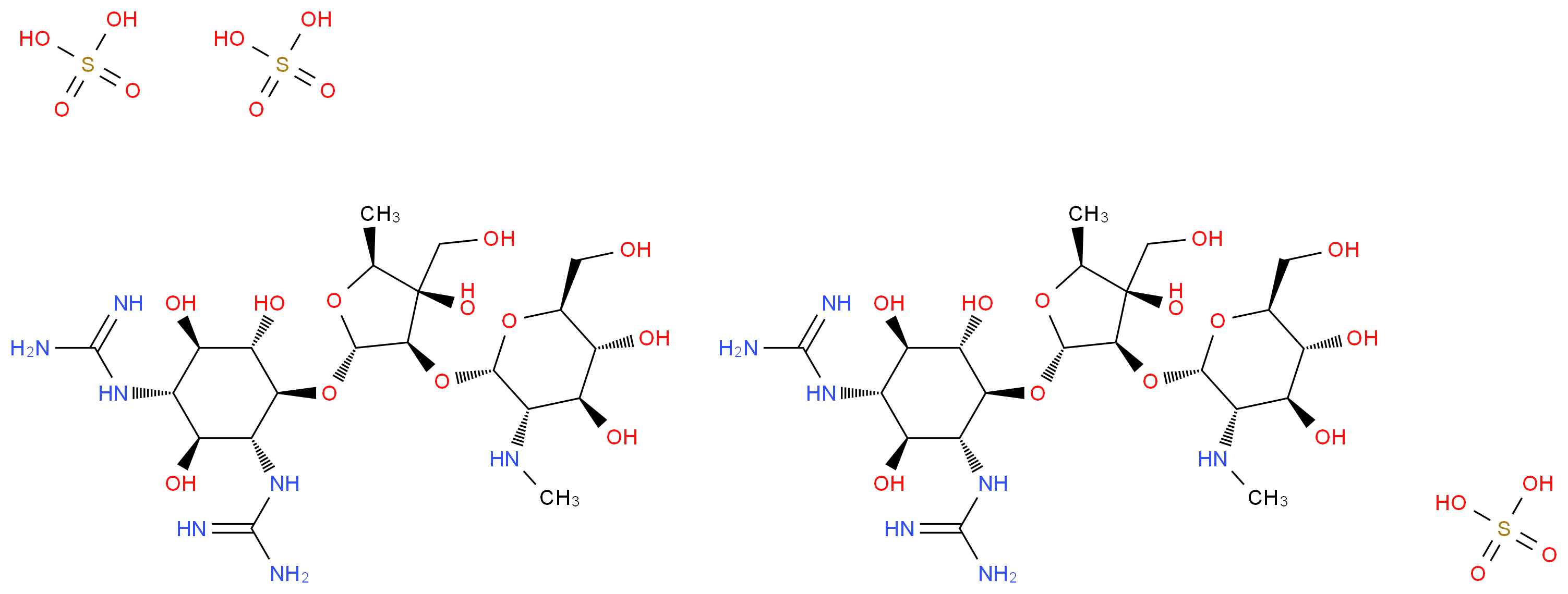 bis(1-[(1S,2S,3R,4S,5S,6R)-3-carbamimidamido-4-{[(2R,3R,4R,5S)-3-{[(2S,3S,4S,5R,6S)-4,5-dihydroxy-6-(hydroxymethyl)-3-(methylamino)oxan-2-yl]oxy}-4-hydroxy-4-(hydroxymethyl)-5-methyloxolan-2-yl]oxy}-2,5,6-trihydroxycyclohexyl]guanidine); tris(sulfuric acid)_分子结构_CAS_5490-27-7