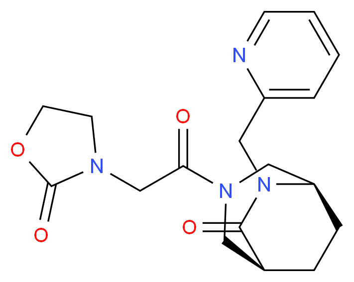 (1S*,5R*)-3-[(2-oxo-1,3-oxazolidin-3-yl)acetyl]-6-(2-pyridinylmethyl)-3,6-diazabicyclo[3.2.2]nonan-7-one_分子结构_CAS_)