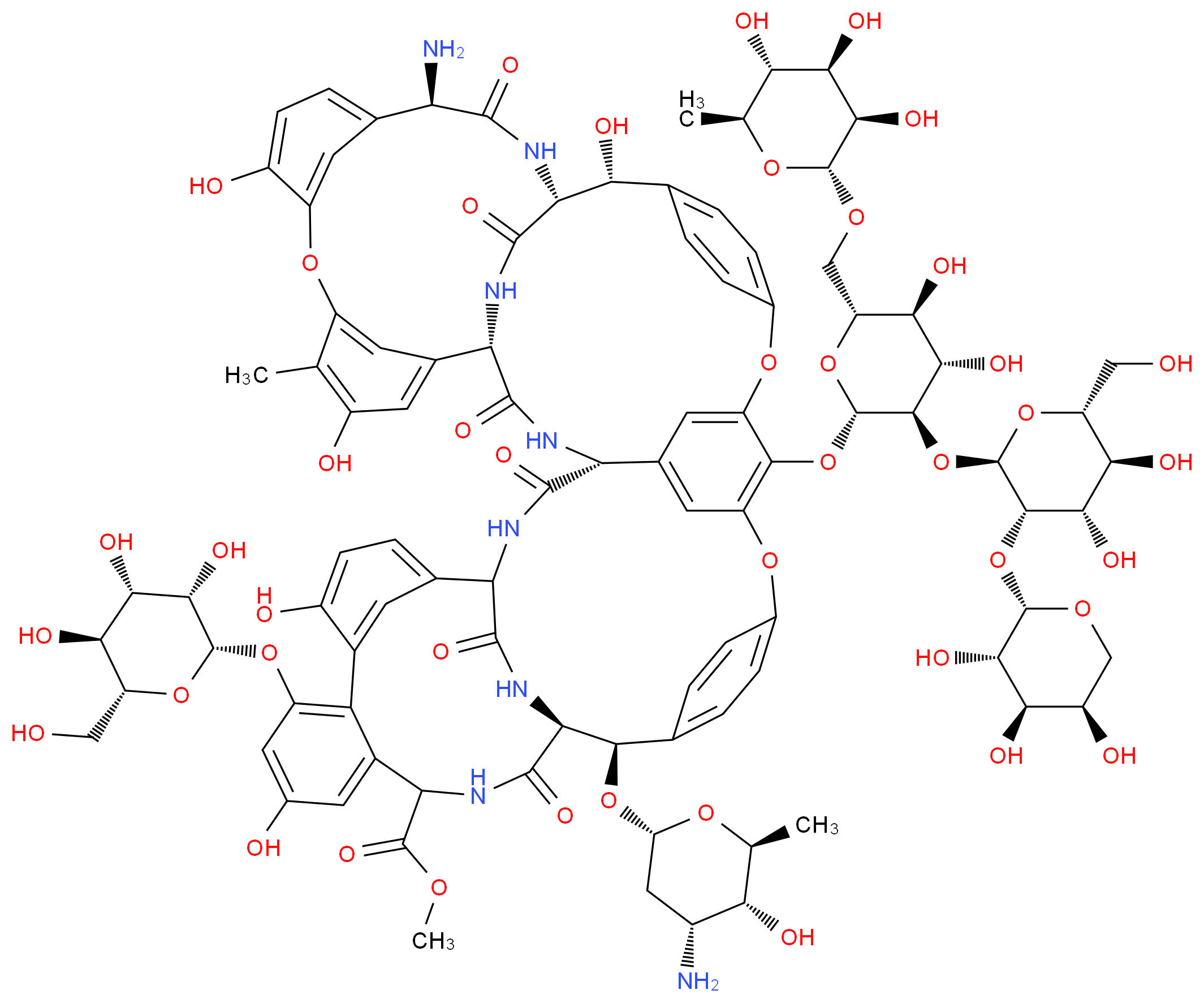 methyl (1S,2R,18R,19R,22R,34S,37R)-22-amino-2-{[(2R,4R,5R,6S)-4-amino-5-hydroxy-6-methyloxan-2-yl]oxy}-64-{[(2S,3R,4S,5S,6R)-3-{[(2R,3S,4S,5S,6R)-4,5-dihydroxy-6-(hydroxymethyl)-3-{[(2S,3S,4R,5R)-3,4,5-trihydroxyoxan-2-yl]oxy}oxan-2-yl]oxy}-4,5-dihydroxy-6-({[(2R,3R,4R,5R,6S)-3,4,5-trihydroxy-6-methyloxan-2-yl]oxy}methyl)oxan-2-yl]oxy}-18,26,31,44,49-pentahydroxy-30-methyl-21,35,38,54,56,59-hexaoxo-47-{[(2S,3S,4S,5S,6R)-3,4,5-trihydroxy-6-(hydroxymethyl)oxan-2-yl]oxy}-7,13,28-trioxa-20,36,39,53,55,58-hexaazaundecacyclo[38.14.2.2<sup>3</sup>,<sup>6</sup>.2<sup>1</sup><sup>4</sup>,<sup>1</sup><sup>7</sup>.2<sup>1</sup><sup>9</sup>,<sup>3</sup><sup>4</sup>.1<sup>8</sup>,<sup>1</sup><sup>2</sup>.1<sup>2</sup><sup>3</sup>,<sup>2</sup><sup>7</sup>.1<sup>2</sup><sup>9</sup>,<sup>3</sup><sup>3</sup>.1<sup>4</sup><sup>1</sup>,<sup>4</sup><sup>5</sup>.0<sup>1</sup><sup>0</sup>,<sup>3</sup><sup>7</sup>.0<sup>4</sup><sup>6</sup>,<sup>5</sup><sup>1</sup>]hexahexaconta-3,5,8(64),9,11,14,16,23,25,27(61),29(60),30,32,41,43,45(57),46,48,50,62,65-henicosaene-52-carboxylate_分子结构_CAS_11140-99-1