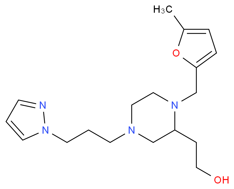 2-{1-[(5-methyl-2-furyl)methyl]-4-[3-(1H-pyrazol-1-yl)propyl]-2-piperazinyl}ethanol_分子结构_CAS_)