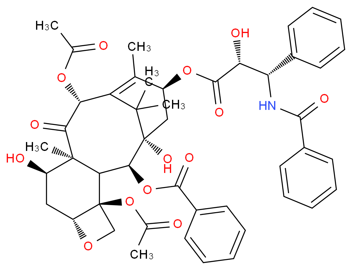 (1S,2S,3R,4S,7R,9R,10S,12R,15S)-4,12-bis(acetyloxy)-1,9-dihydroxy-15-{[(2R,3S)-2-hydroxy-3-phenyl-3-(phenylformamido)propanoyl]oxy}-10,14,17,17-tetramethyl-11-oxo-6-oxatetracyclo[11.3.1.0<sup>3</sup>,<sup>1</sup><sup>0</sup>.0<sup>4</sup>,<sup>7</sup>]heptadec-13-en-2-yl benzoate_分子结构_CAS_105454-04-4