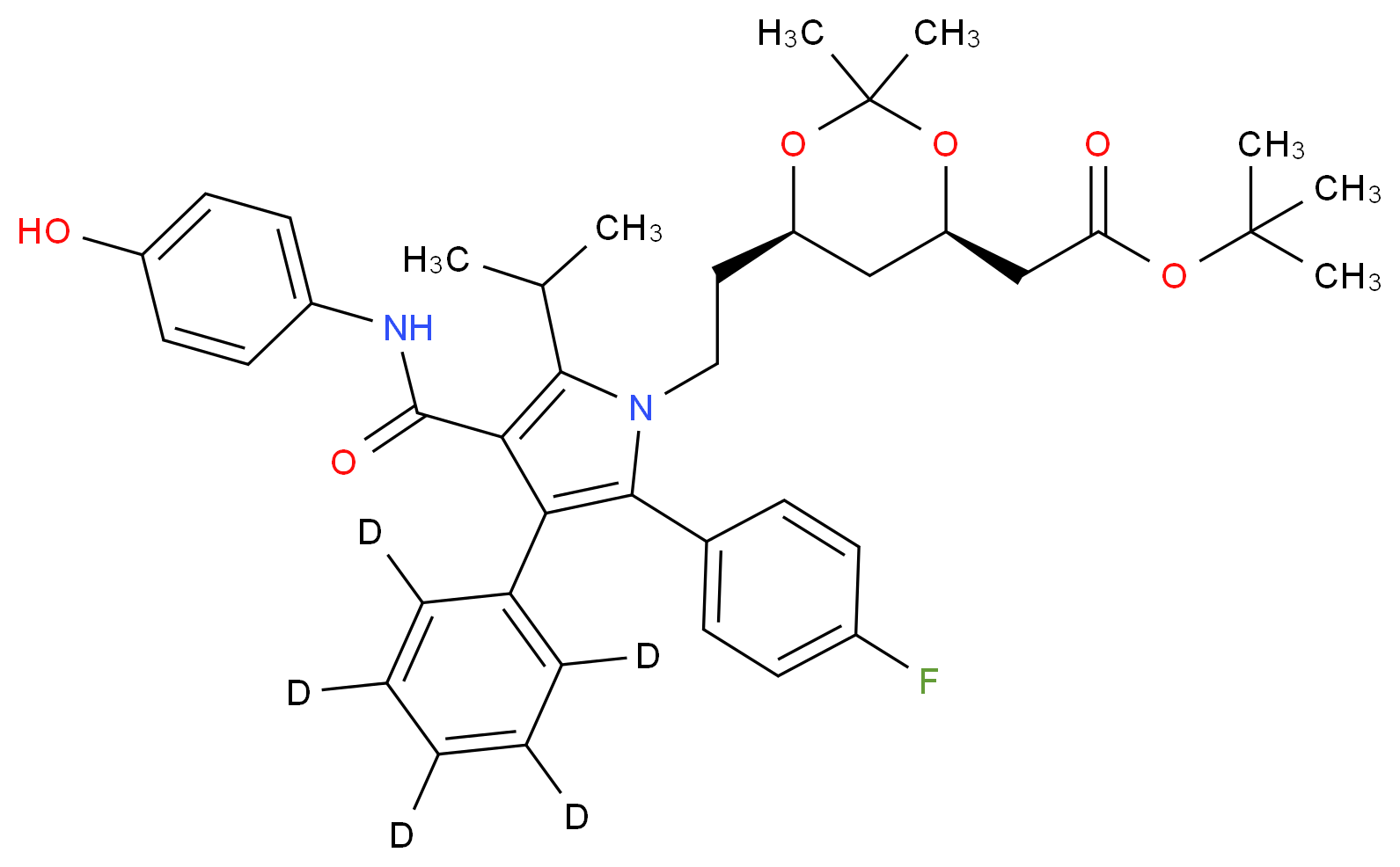 (6-{2-[2-(4-Fluorophenyl)-4-(4-hydroxy-phenylcarbamoyl)-5-isopropyl-3-phenyl-d5-pyrrol-1-yl]-ethyl}-2,2-dimethyl-[1,3]-dioxane-4-yl)-acetic Acid, tert-Butyl Ester_分子结构_CAS_265989-38-6)