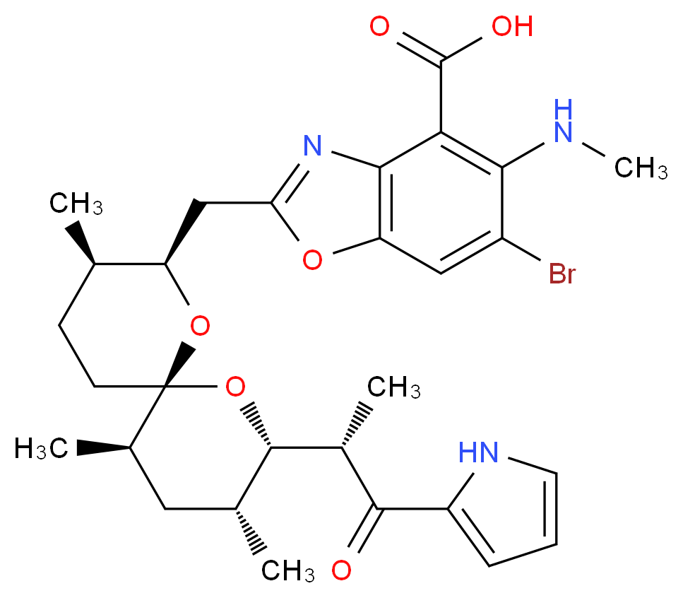 6-bromo-5-(methylamino)-2-{[(2R,3R,6S,8S,9R,11R)-3,9,11-trimethyl-8-[(2S)-1-oxo-1-(1H-pyrrol-2-yl)propan-2-yl]-1,7-dioxaspiro[5.5]undecan-2-yl]methyl}-1,3-benzoxazole-4-carboxylic acid_分子结构_CAS_76455-48-6