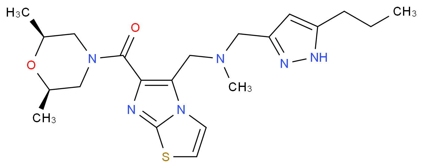 1-(6-{[(2R*,6S*)-2,6-dimethyl-4-morpholinyl]carbonyl}imidazo[2,1-b][1,3]thiazol-5-yl)-N-methyl-N-[(5-propyl-1H-pyrazol-3-yl)methyl]methanamine_分子结构_CAS_)