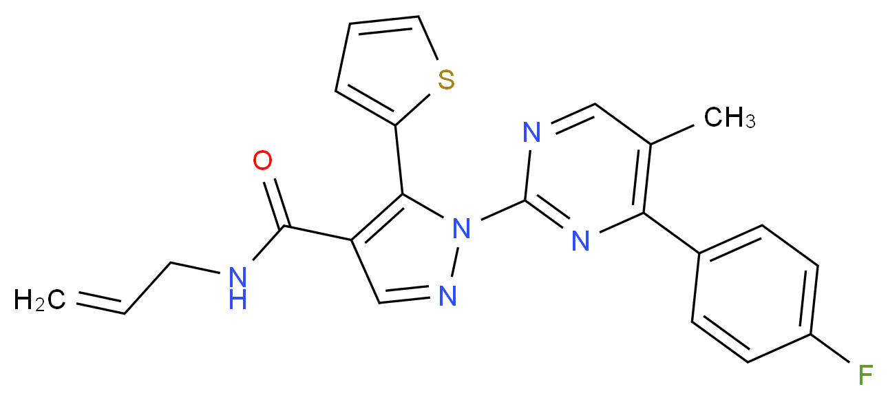 N-allyl-1-[4-(4-fluorophenyl)-5-methyl-2-pyrimidinyl]-5-(2-thienyl)-1H-pyrazole-4-carboxamide_分子结构_CAS_)