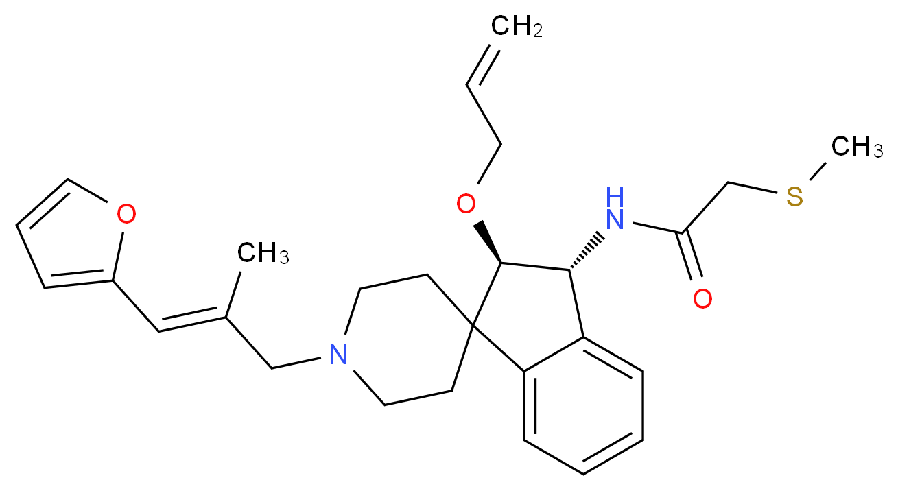 N-{(2R*,3R*)-2-(allyloxy)-1'-[(2E)-3-(2-furyl)-2-methyl-2-propen-1-yl]-2,3-dihydrospiro[indene-1,4'-piperidin]-3-yl}-2-(methylthio)acetamide_分子结构_CAS_)