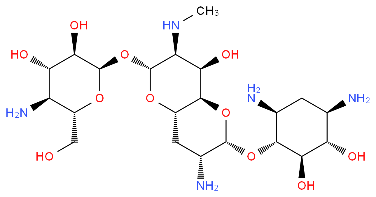 (2R,3R,4S,5S,6S)-2-{[(2R,3S,4R,4aR,6S,7R,8aS)-7-amino-6-{[(1R,2R,3S,4R,6S)-4,6-diamino-2,3-dihydroxycyclohexyl]oxy}-4-hydroxy-3-(methylamino)-octahydropyrano[3,2-b]pyran-2-yl]oxy}-5-amino-6-(hydroxymethyl)oxane-3,4-diol_分子结构_CAS_37321-09-8