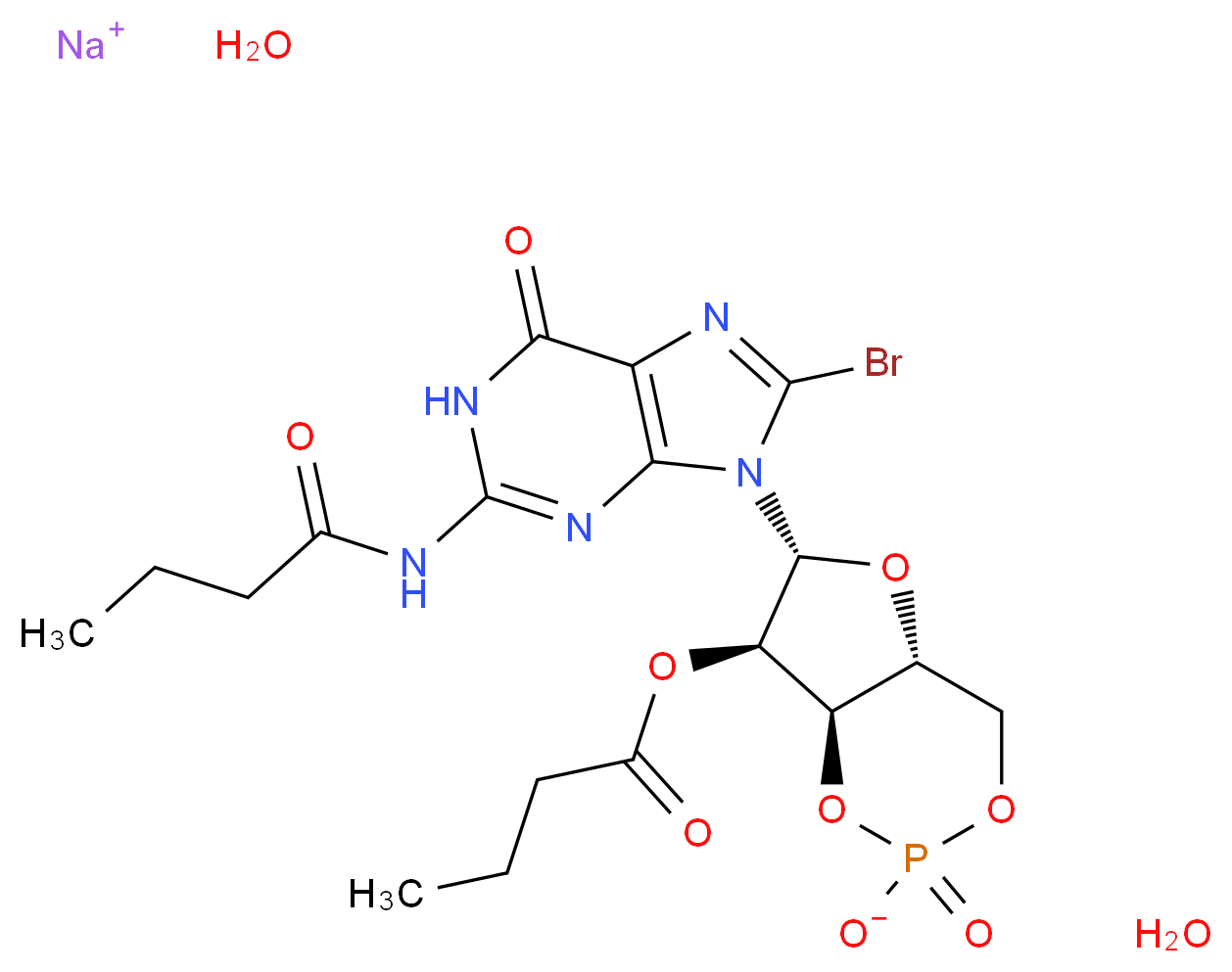 sodium (4aR,6R,7R,7aR)-6-(8-bromo-2-butanamido-6-oxo-6,9-dihydro-1H-purin-9-yl)-7-(butanoyloxy)-2-oxo-hexahydro-1,3,5,2λ<sup>5</sup>-furo[3,2-d][1,3,2λ<sup>5</sup>]dioxaphosphinin-2-olate dihydrate_分子结构_CAS_51116-00-8