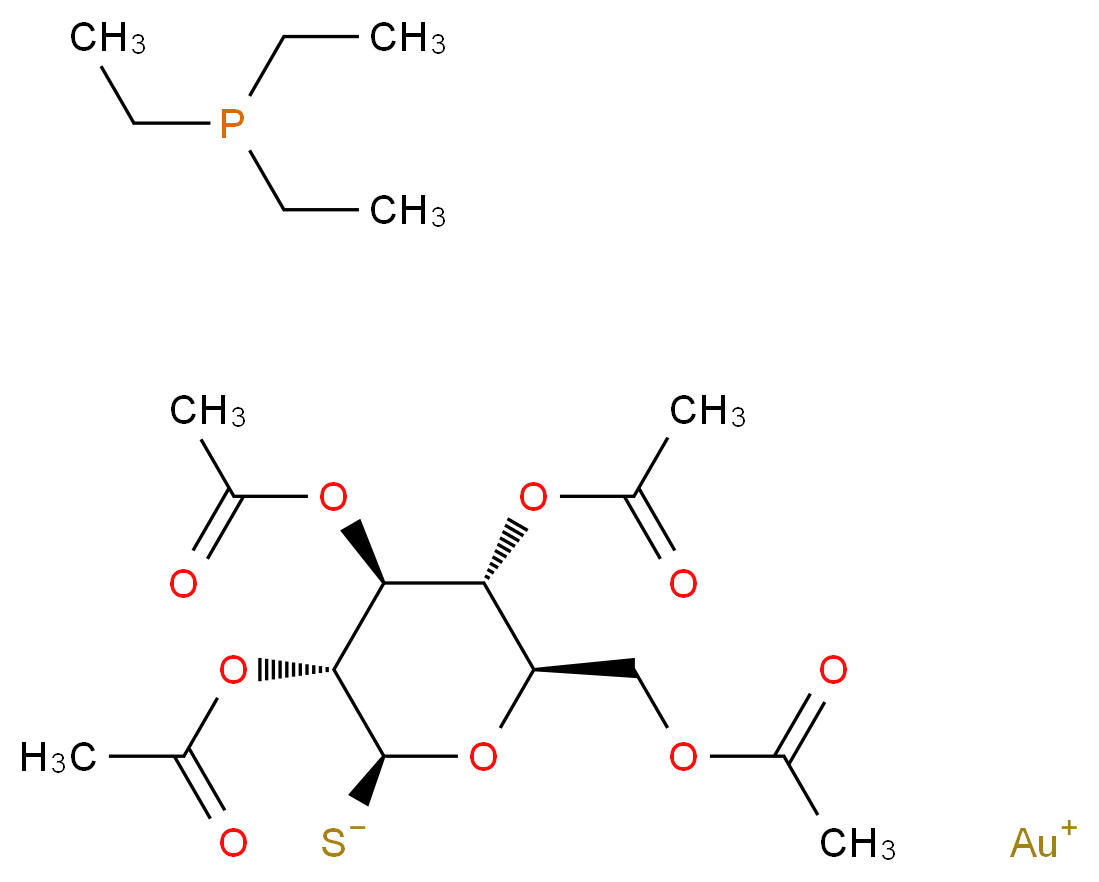 gold(1+) ion [(2S,3R,4S,5R,6R)-3,4,5-tris(acetyloxy)-6-[(acetyloxy)methyl]oxan-2-yl]sulfanide triethylphosphane_分子结构_CAS_34031-32-8