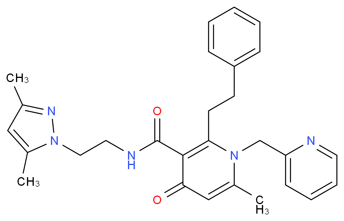 N-[2-(3,5-dimethyl-1H-pyrazol-1-yl)ethyl]-6-methyl-4-oxo-2-(2-phenylethyl)-1-(2-pyridinylmethyl)-1,4-dihydro-3-pyridinecarboxamide_分子结构_CAS_)