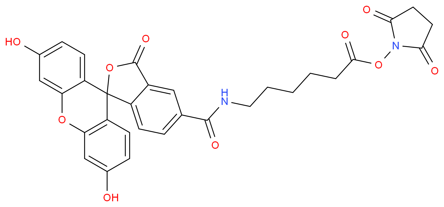 2,5-dioxopyrrolidin-1-yl 6-{3',6'-dihydroxy-3-oxo-3H-spiro[2-benzofuran-1,9'-xanthene]-5-ylformamido}hexanoate_分子结构_CAS_148356-00-7