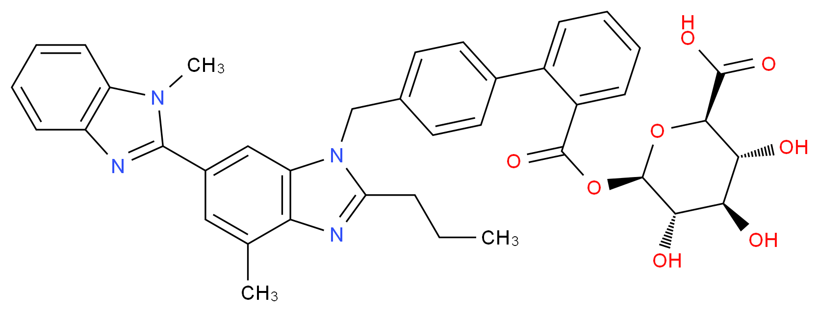 (2R,3R,4R,5S,6R)-3,4,5-trihydroxy-6-[2-(4-{[4-methyl-6-(1-methyl-1H-1,3-benzodiazol-2-yl)-2-propyl-1H-1,3-benzodiazol-1-yl]methyl}phenyl)benzoyloxy]oxane-2-carboxylic acid_分子结构_CAS_250780-40-6