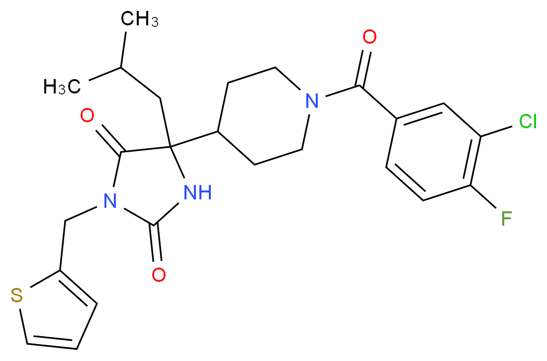 5-[1-(3-chloro-4-fluorobenzoyl)-4-piperidinyl]-5-isobutyl-3-(2-thienylmethyl)-2,4-imidazolidinedione_分子结构_CAS_)
