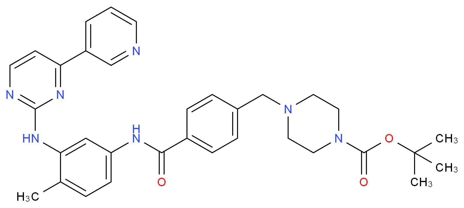 tert-butyl 4-({4-[(4-methyl-3-{[4-(pyridin-3-yl)pyrimidin-2-yl]amino}phenyl)carbamoyl]phenyl}methyl)piperazine-1-carboxylate_分子结构_CAS_1076199-23-9