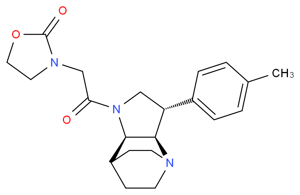 3-{2-[(2R*,3S*,6R*)-3-(4-methylphenyl)-1,5-diazatricyclo[5.2.2.0~2,6~]undec-5-yl]-2-oxoethyl}-1,3-oxazolidin-2-one_分子结构_CAS_)