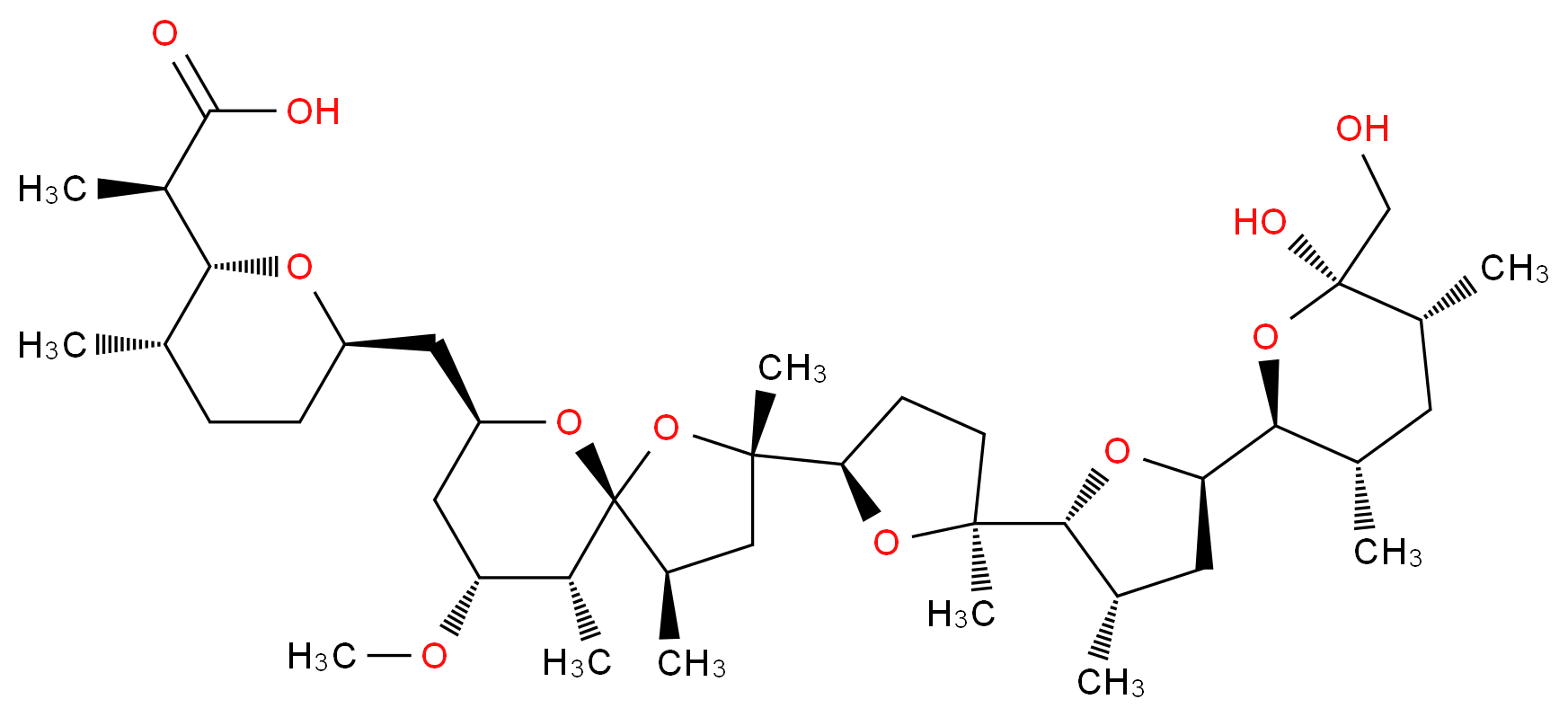 (2R)-2-[(2R,3S,6R)-6-{[(2S,4R,5R,7R,9R,10R)-2-[(2R,5S)-5-[(2R,3S,5R)-5-[(2S,3S,5R,6R)-6-hydroxy-6-(hydroxymethyl)-3,5-dimethyloxan-2-yl]-3-methyloxolan-2-yl]-5-methyloxolan-2-yl]-9-methoxy-2,4,10-trimethyl-1,6-dioxaspiro[4.5]decan-7-yl]methyl}-3-methyloxan-2-yl]propanoic acid_分子结构_CAS_28380-24-7