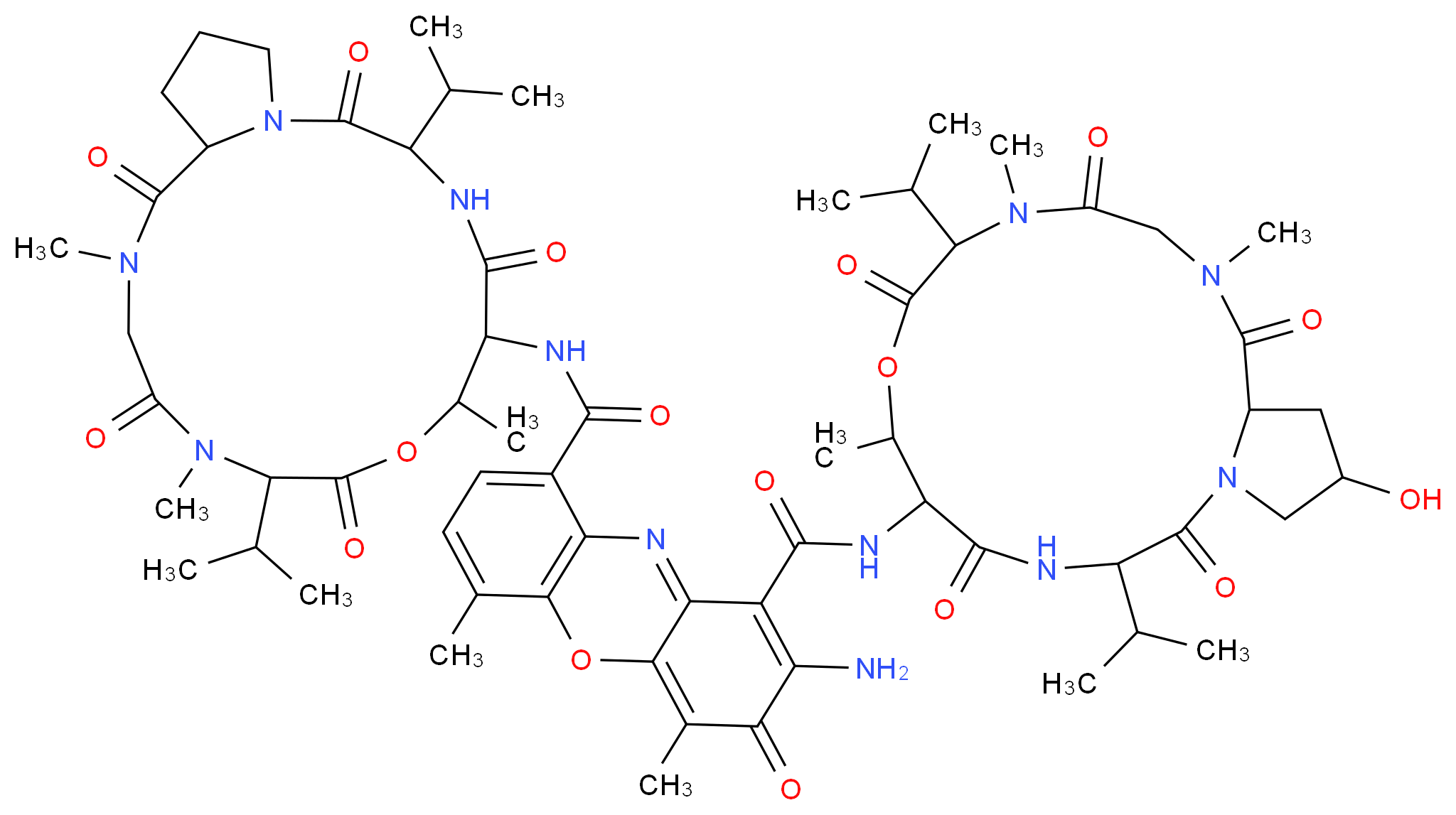 2-amino-1-N-[17-hydroxy-2,5,9-trimethyl-1,4,7,11,14-pentaoxo-6,13-bis(propan-2-yl)-hexadecahydro-1H-pyrrolo[2,1-i]1-oxa-4,7,10,13-tetraazacyclohexadecan-10-yl]-4,6-dimethyl-3-oxo-9-N-[2,5,9-trimethyl-1,4,7,11,14-pentaoxo-6,13-bis(propan-2-yl)-hexadecahydro-1H-pyrrolo[2,1-i]1-oxa-4,7,10,13-tetraazacyclohexadecan-10-yl]-3H-phenoxazine-1,9-dicarboxamide_分子结构_CAS_18865-46-8