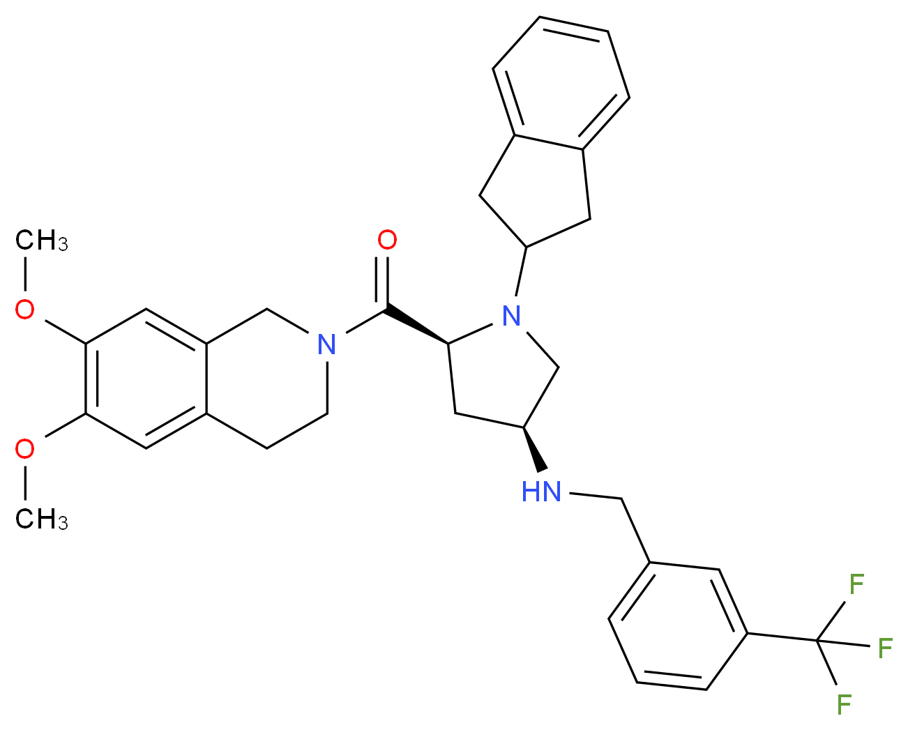 (3S,5S)-1-(2,3-dihydro-1H-inden-2-yl)-5-[(6,7-dimethoxy-3,4-dihydro-2(1H)-isoquinolinyl)carbonyl]-N-[3-(trifluoromethyl)benzyl]-3-pyrrolidinamine_分子结构_CAS_)