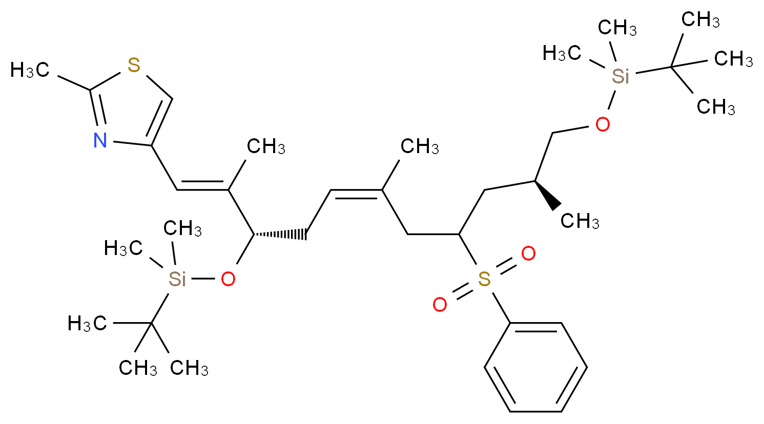 4-[(1E,3S,5Z,8R/S,10S)-3,11-Bis-{[tert-butyl(dimethyl)silyl]oxy}-2,6,10-trimethyl-8-(phenylsulfonyl)undeca-1,5-dienyl]-2-methyl-1,3-thiazole_分子结构_CAS_308357-81-5)