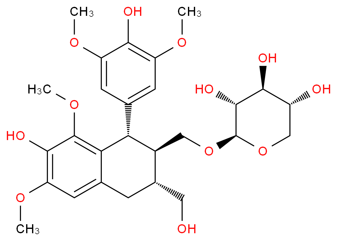 (2R,3R,4S,5R)-2-{[(1S,2R,3R)-7-hydroxy-1-(4-hydroxy-3,5-dimethoxyphenyl)-3-(hydroxymethyl)-6,8-dimethoxy-1,2,3,4-tetrahydronaphthalen-2-yl]methoxy}oxane-3,4,5-triol_分子结构_CAS_34425-25-7