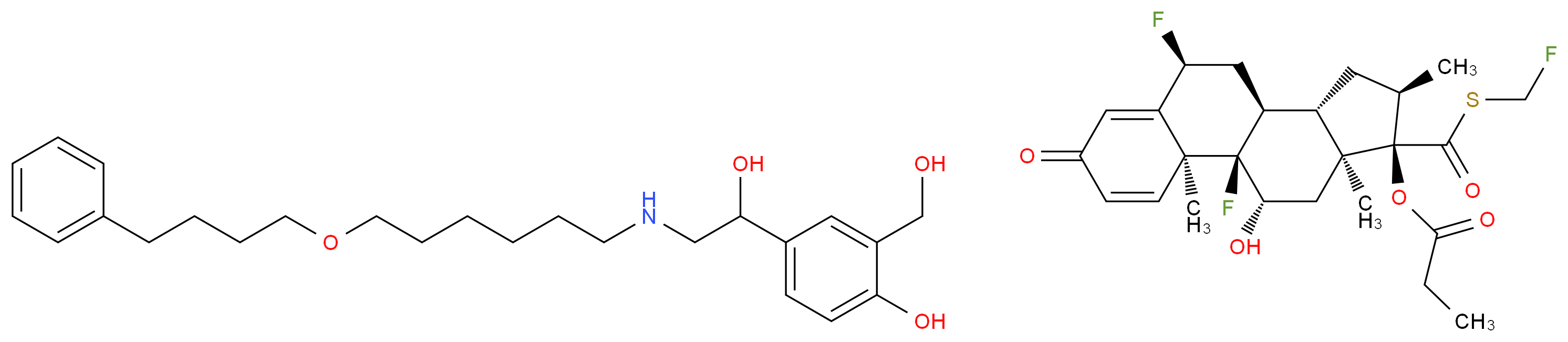 4-(1-hydroxy-2-{[6-(4-phenylbutoxy)hexyl]amino}ethyl)-2-(hydroxymethyl)phenol (1R,2S,8S,10S,11S,13R,14R,15S,17S)-1,8-difluoro-14-{[(fluoromethyl)sulfanyl]carbonyl}-17-hydroxy-2,13,15-trimethyl-5-oxotetracyclo[8.7.0.0<sup>2</sup>,<sup>7</sup>.0<sup>1</sup><sup>1</sup>,<sup>1</sup><sup>5</sup>]heptadeca-3,6-dien-14-yl propanoate_分子结构_CAS_136112-01-1