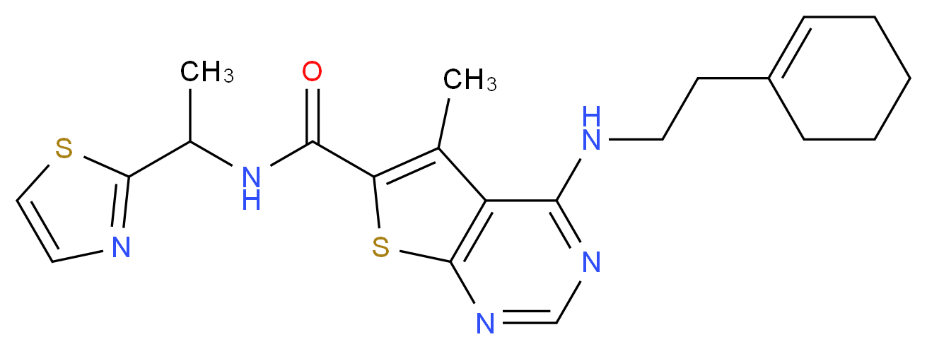 4-{[2-(1-cyclohexen-1-yl)ethyl]amino}-5-methyl-N-[1-(1,3-thiazol-2-yl)ethyl]thieno[2,3-d]pyrimidine-6-carboxamide_分子结构_CAS_)