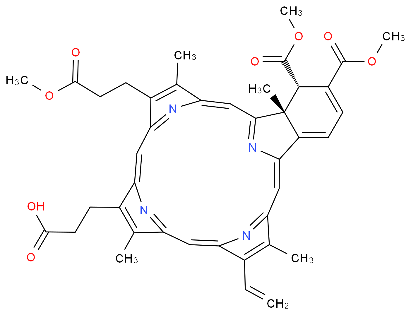 3-[(23S,24R)-14-ethenyl-5-(3-methoxy-3-oxopropyl)-22,23-bis(methoxycarbonyl)-4,10,15,24-tetramethyl-25,26,27,28-tetraazahexacyclo[16.6.1.1<sup>3</sup>,<sup>6</sup>.1<sup>8</sup>,<sup>1</sup><sup>1</sup>.1<sup>1</sup><sup>3</sup>,<sup>1</sup><sup>6</sup>.0<sup>1</sup><sup>9</sup>,<sup>2</sup><sup>4</sup>]octacosa-1,3(28),4,6,8(27),9,11,13(26),14,16,18(25),19,21-tridecaen-9-yl]propanoic acid_分子结构_CAS_129497-78-5