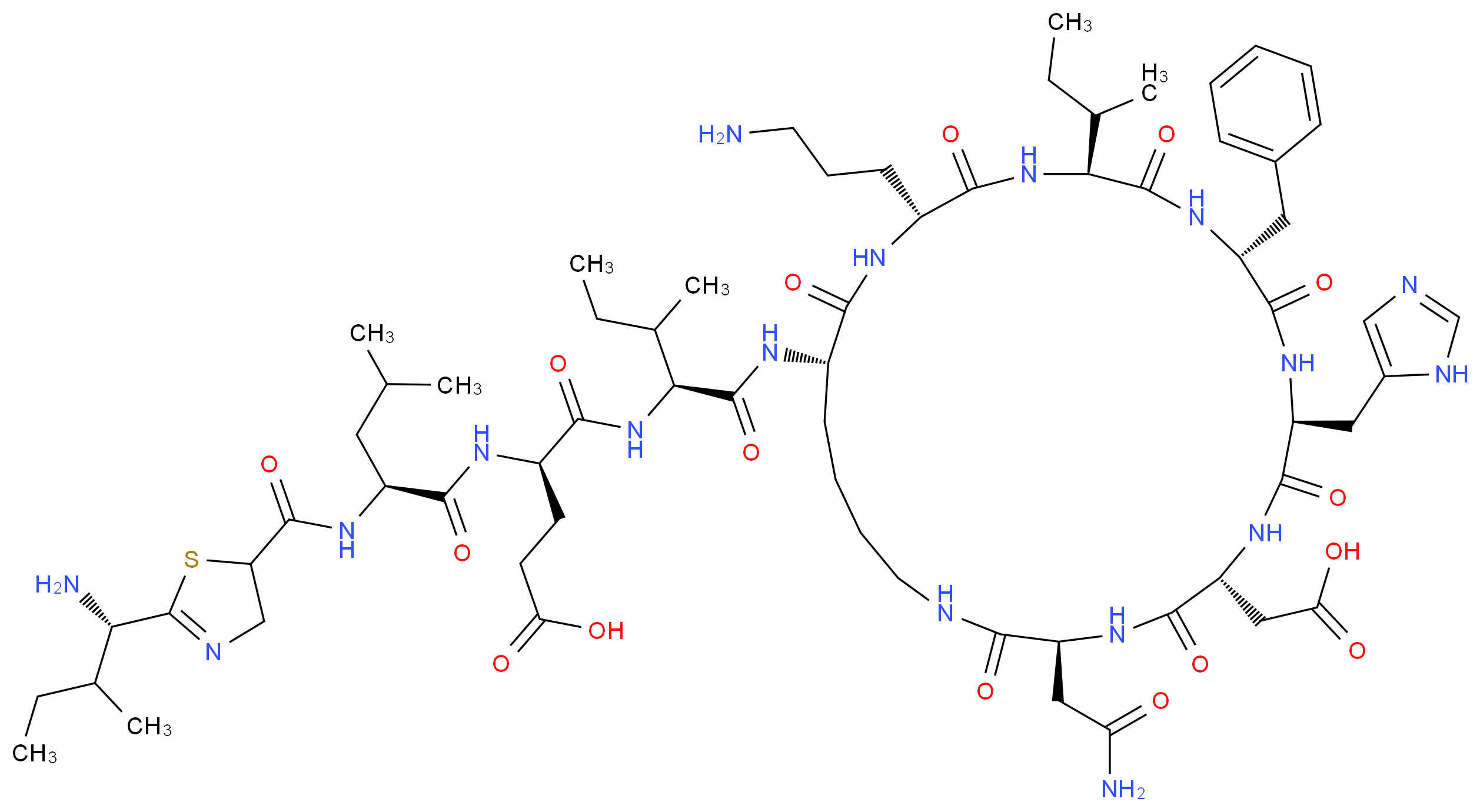 (4R)-4-[(2S)-2-({2-[(1S)-1-amino-2-methylbutyl]-4,5-dihydro-1,3-thiazol-5-yl}formamido)-4-methylpentanamido]-4-{[(1S)-1-{[(3S,6R,9S,12R,15S,18R,21S)-18-(3-aminopropyl)-12-benzyl-15-(butan-2-yl)-3-(carbamoylmethyl)-6-(carboxymethyl)-9-(1H-imidazol-5-ylmethyl)-2,5,8,11,14,17,20-heptaoxo-1,4,7,10,13,16,19-heptaazacyclopentacosan-21-yl]carbamoyl}-2-methylbutyl]carbamoyl}butanoic acid_分子结构_CAS_1405-87-4