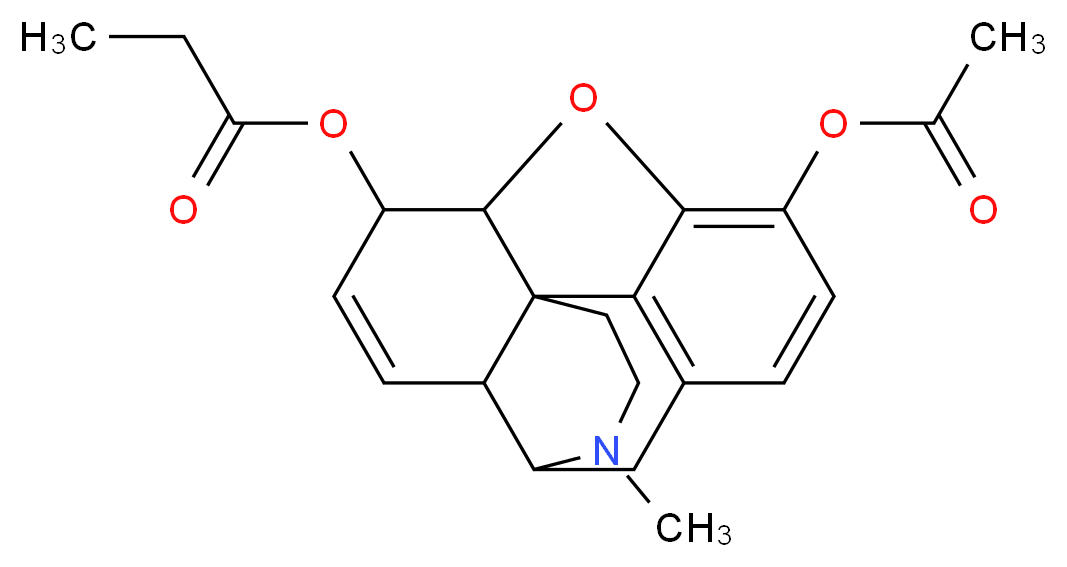 10-(acetyloxy)-4-methyl-12-oxa-4-azapentacyclo[9.6.1.0<sup>1</sup>,<sup>1</sup><sup>3</sup>.0<sup>5</sup>,<sup>1</sup><sup>7</sup>.0<sup>7</sup>,<sup>1</sup><sup>8</sup>]octadeca-7(18),8,10,15-tetraen-14-yl propanoate_分子结构_CAS_66640-99-1