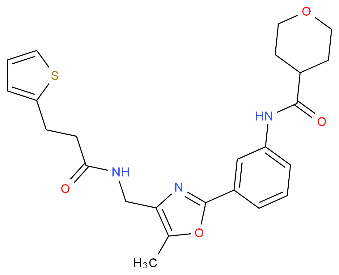 N-{3-[5-methyl-4-({[3-(2-thienyl)propanoyl]amino}methyl)-1,3-oxazol-2-yl]phenyl}tetrahydro-2H-pyran-4-carboxamide_分子结构_CAS_)