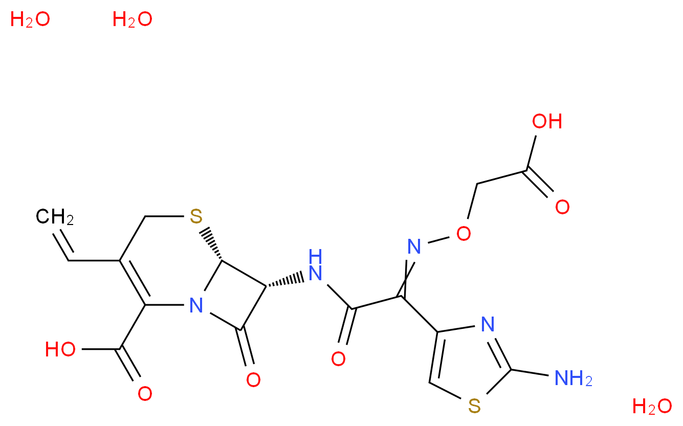 (6R,7R)-7-[2-(2-amino-1,3-thiazol-4-yl)-2-[(carboxymethoxy)imino]acetamido]-3-ethenyl-8-oxo-5-thia-1-azabicyclo[4.2.0]oct-2-ene-2-carboxylic acid trihydrate_分子结构_CAS_125110-14-7