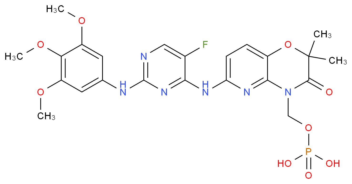 {[6-({5-fluoro-2-[(3,4,5-trimethoxyphenyl)amino]pyrimidin-4-yl}amino)-2,2-dimethyl-3-oxo-2H,3H,4H-pyrido[3,2-b][1,4]oxazin-4-yl]methoxy}phosphonic acid_分子结构_CAS_901119-35-5