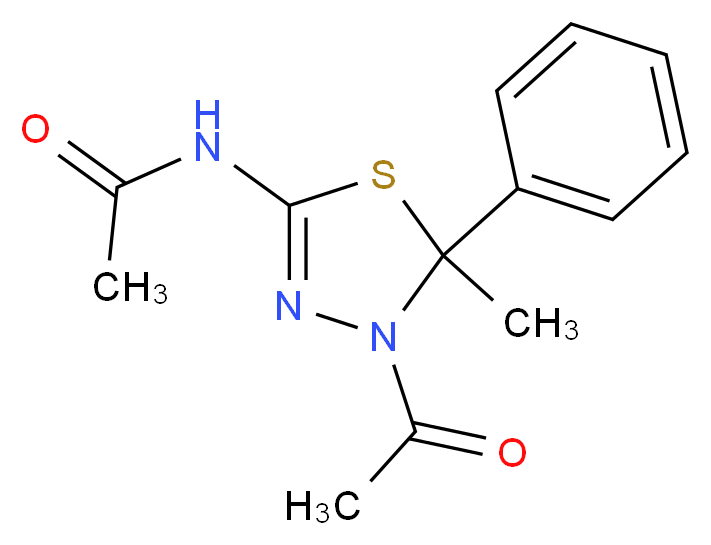 N-(4-acetyl-5-methyl-5-phenyl-4,5-dihydro-1,3,4-thiadiazol-2-yl)acetamide_分子结构_CAS_72926-24-0
