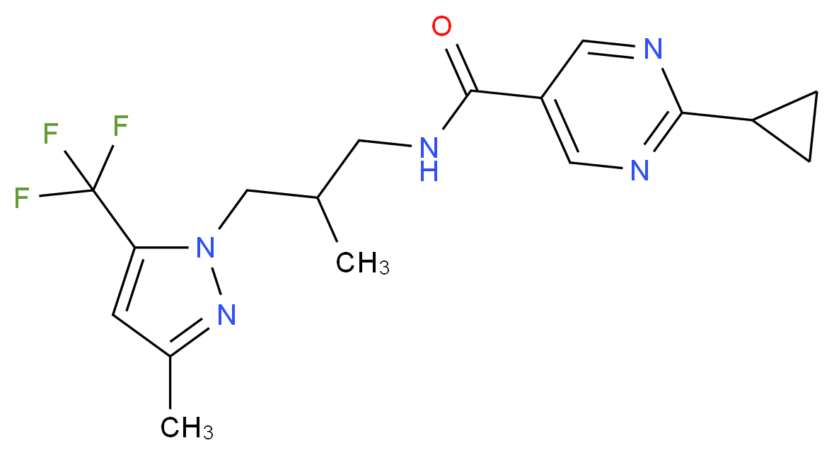 2-cyclopropyl-N-{2-methyl-3-[3-methyl-5-(trifluoromethyl)-1H-pyrazol-1-yl]propyl}pyrimidine-5-carboxamide_分子结构_CAS_)