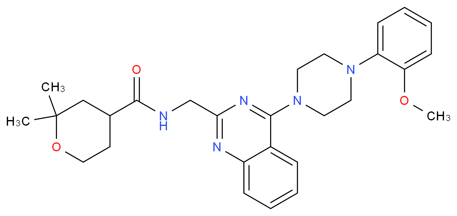 N-({4-[4-(2-methoxyphenyl)-1-piperazinyl]-2-quinazolinyl}methyl)-2,2-dimethyltetrahydro-2H-pyran-4-carboxamide_分子结构_CAS_)