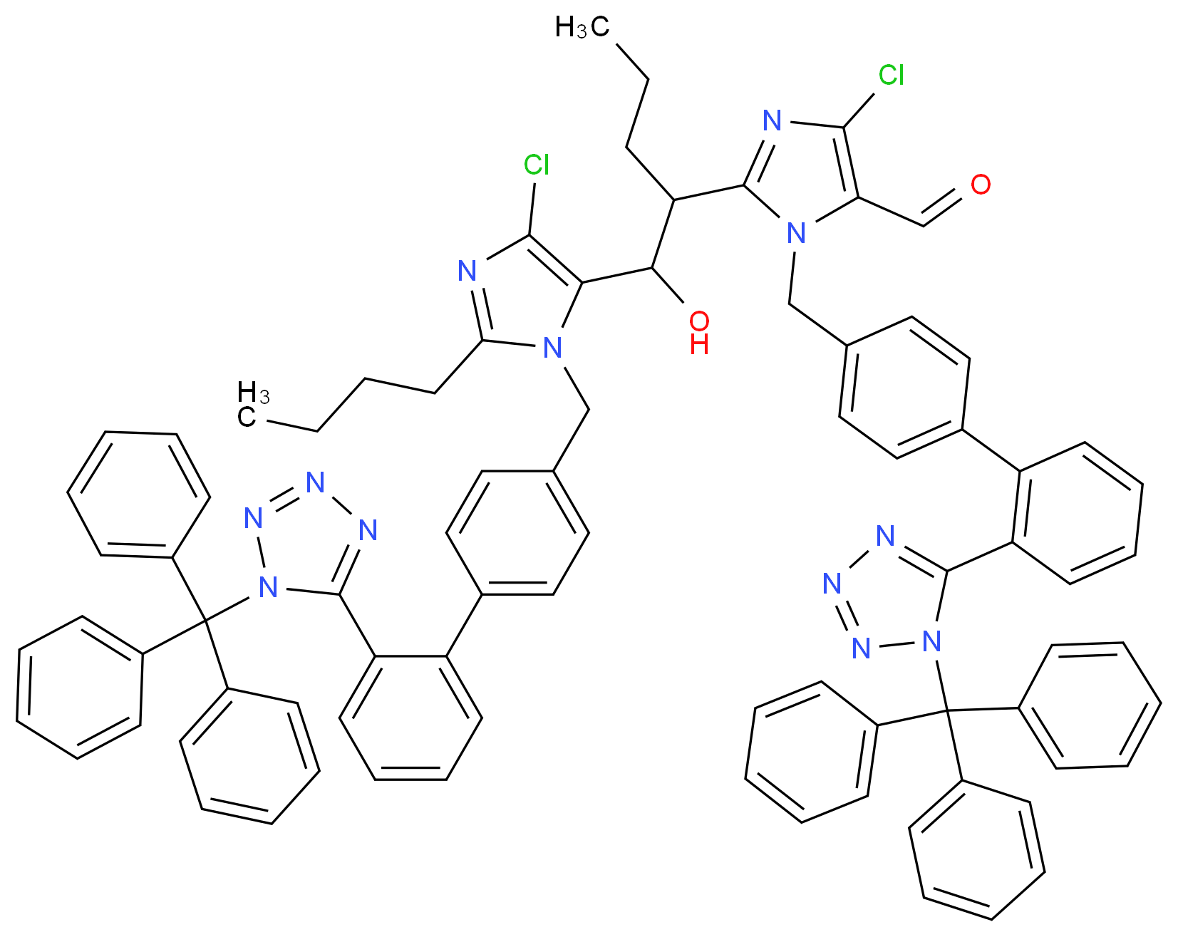 2-(1-{2-butyl-4-chloro-1-[(4-{2-[1-(triphenylmethyl)-1H-1,2,3,4-tetrazol-5-yl]phenyl}phenyl)methyl]-1H-imidazol-5-yl}-1-hydroxypentan-2-yl)-4-chloro-1-[(4-{2-[1-(triphenylmethyl)-1H-1,2,3,4-tetrazol-5-yl]phenyl}phenyl)methyl]-1H-imidazole-5-carbaldehyde_分子结构_CAS_1246817-19-5