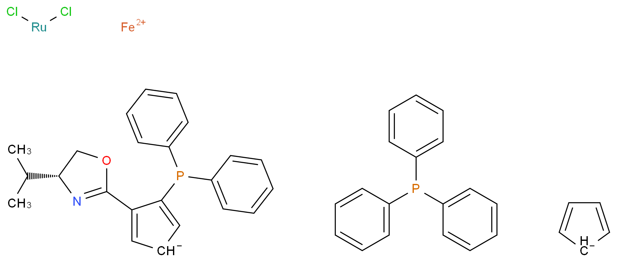 λ<sup>2</sup>-iron(2+) ion 3-(diphenylphosphanyl)-4-[(4R)-4-(propan-2-yl)-4,5-dihydro-1,3-oxazol-2-yl]cyclopenta-2,4-dien-1-ide cyclopenta-2,4-dien-1-ide dichlororuthenium triphenylphosphane_分子结构_CAS_849921-25-1