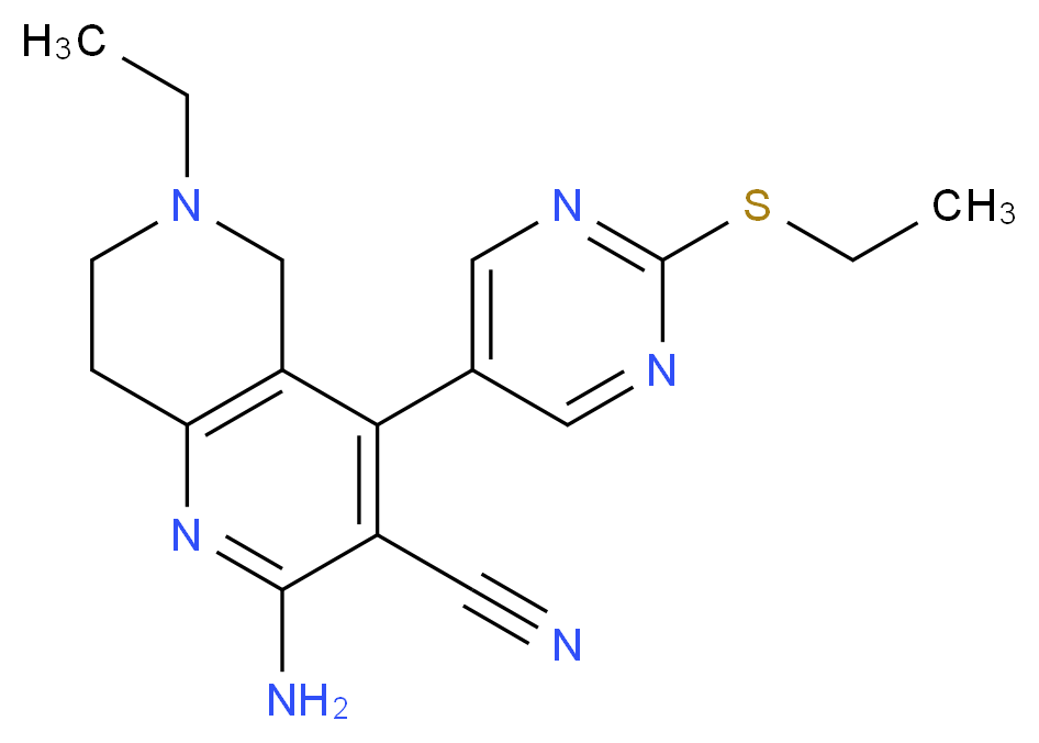 2-amino-6-ethyl-4-[2-(ethylthio)pyrimidin-5-yl]-5,6,7,8-tetrahydro-1,6-naphthyridine-3-carbonitrile_分子结构_CAS_)