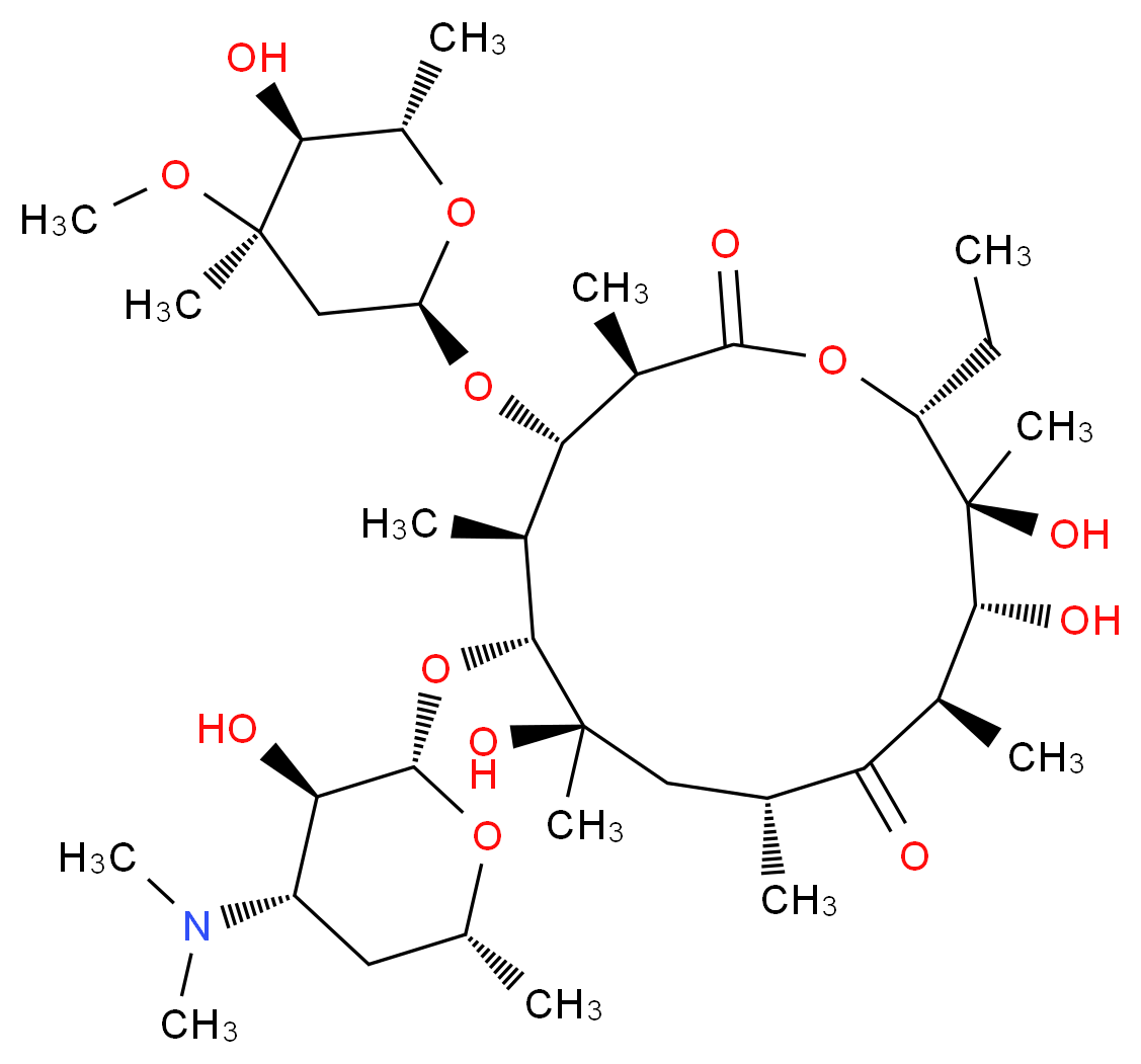 (3R,4S,5S,6R,7R,9R,11R,12R,13S,14R)-6-{[(2S,3R,4S,6R)-4-(dimethylamino)-3-hydroxy-6-methyloxan-2-yl]oxy}-14-ethyl-7,12,13-trihydroxy-4-{[(2R,4R,5S,6S)-5-hydroxy-4-methoxy-4,6-dimethyloxan-2-yl]oxy}-3,5,7,9,11,13-hexamethyl-1-oxacyclotetradecane-2,10-dione_分子结构_CAS_114-07-8