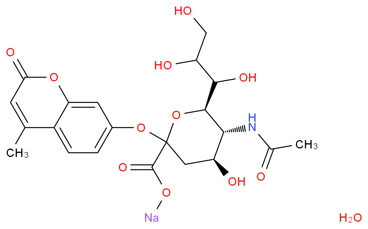 2′-(4-Methylumbelliferyl)-α-D-N-acetylneuraminic acid sodium salt hydrate_分子结构_CAS_76204-02-9(anhydrous))